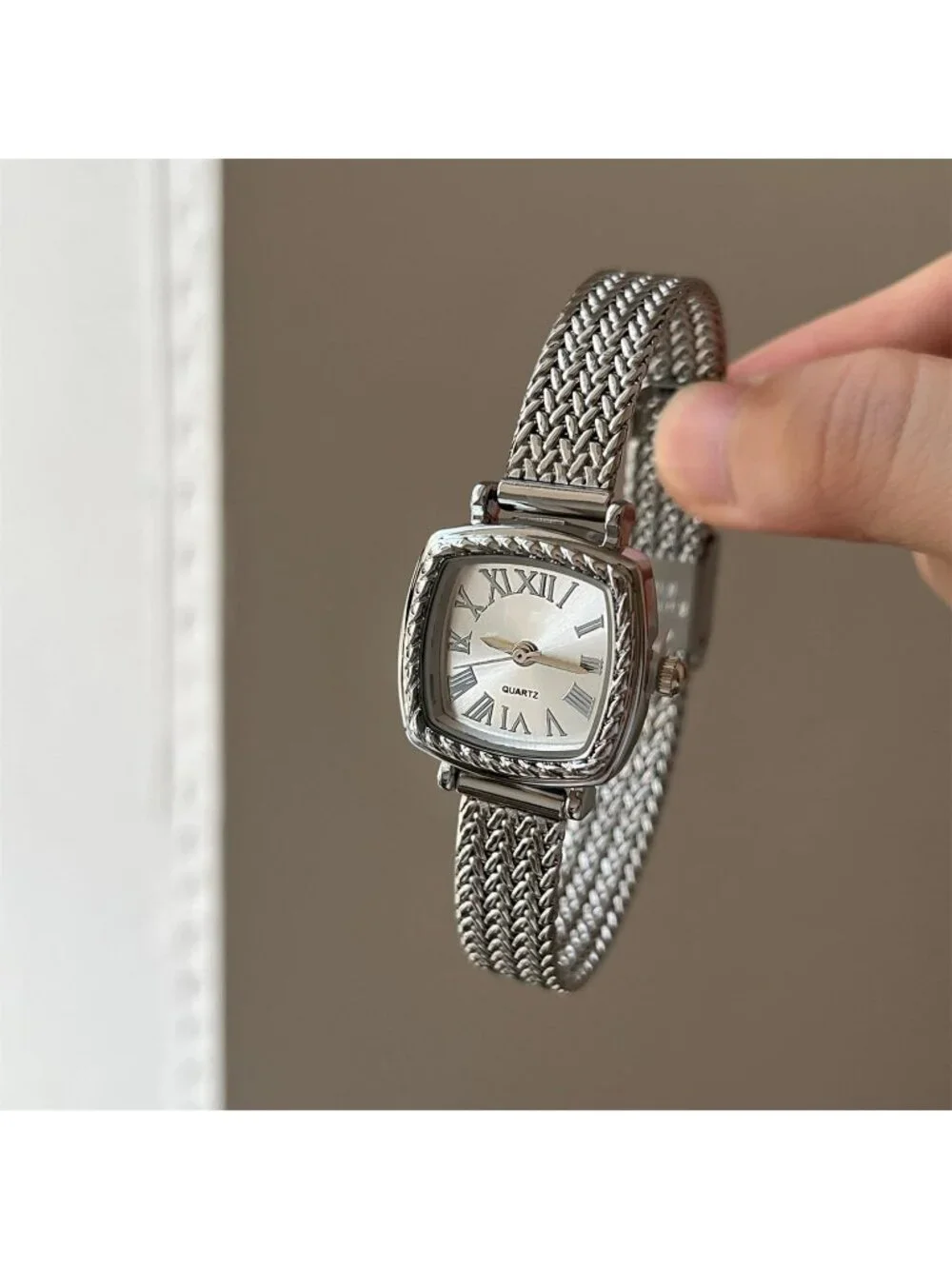 Women's Silver Vintage Square Roman Numeral Braided Mesh Band Quartz Watches